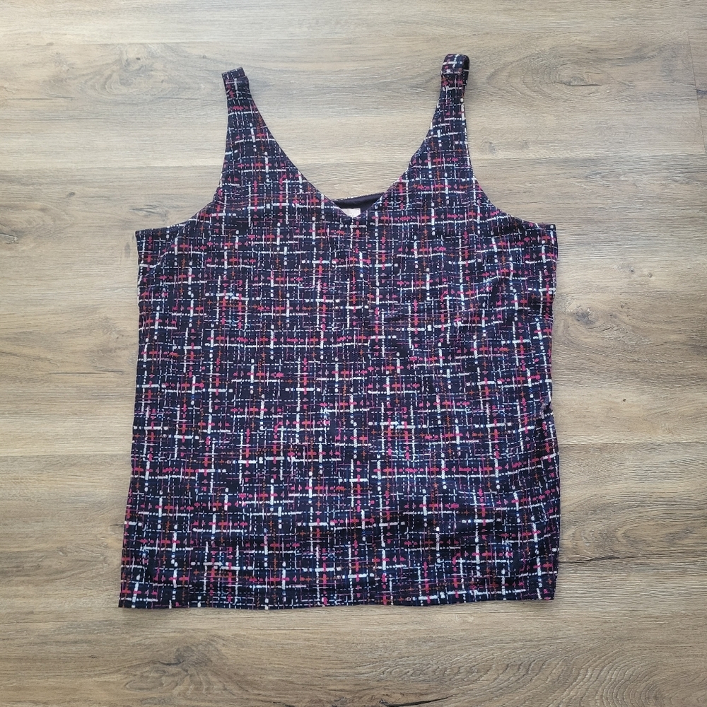 Chico's Navy Tweed Pattern Mesh Tank Size XL Slinky Lined Shell Stretch Soft